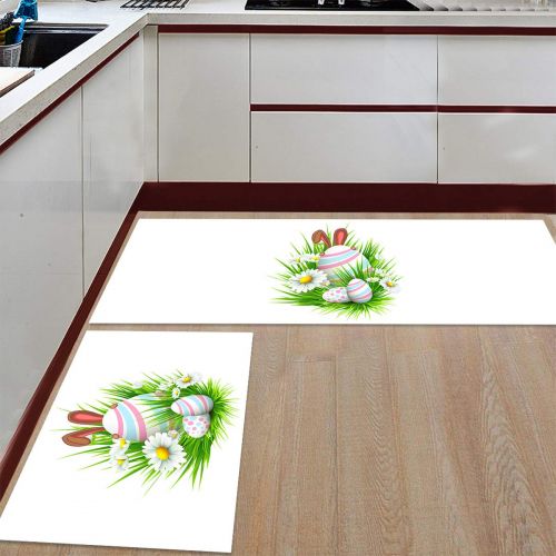  SODIKA Kitchen Rug Set, 2 Pieces Non-Skid Kitchen Mats and Rugs Set Doormat Runner Rug Sets, Happy Easter Bunny Egg 15.7x23.6+15.7x47.2