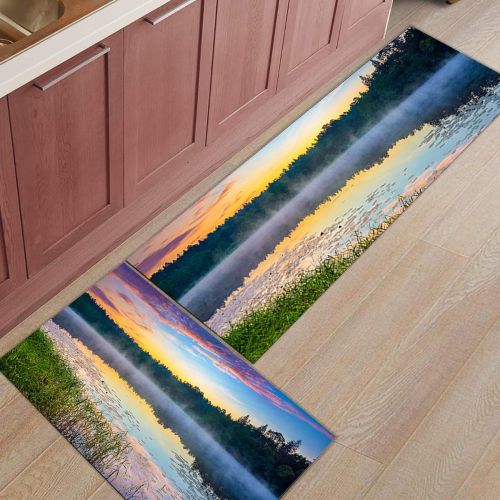  SODIKA Colorful Lake Kitchen Floor Mat Set of 2, Non Slip Rugs Washable for Indoor Kitchen Bathroom,19.7x31.5+19.7x63