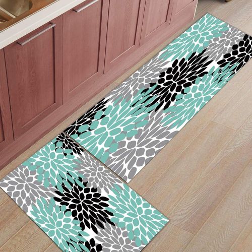  SODIKA Kitchen Rug Set, 2 Pieces Non-Skid Kitchen Mats and Rugs Set Doormat Runner Rug Sets, Multicolor Dahlia Pinnata Flower Customized Teal,Black,Grey 15.7x23.6+15.7x47.2