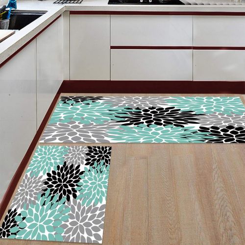  SODIKA Kitchen Rug Set, 2 Pieces Non-Skid Kitchen Mats and Rugs Set Doormat Runner Rug Sets, Multicolor Dahlia Pinnata Flower Customized Teal,Black,Grey 15.7x23.6+15.7x47.2