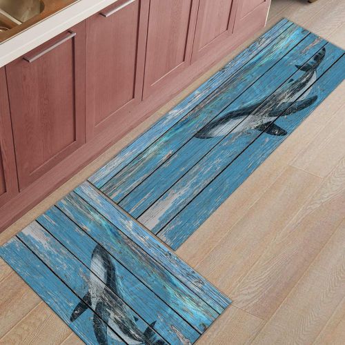  SODIKA Kitchen Rugs Set of 2 Non-Slip Kitchen Floor Mat Bath Rug Machine Washable Doormat Area Runner Rug Set,Whale, 15.7X23.6+15.7X47.2