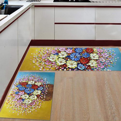  SODIKA Colorful Daisy Kitchen Floor Mat Set of 2, Non Slip Rugs Washable for Indoor Kitchen Bathroom,15.7x23.6+15.7x47.2