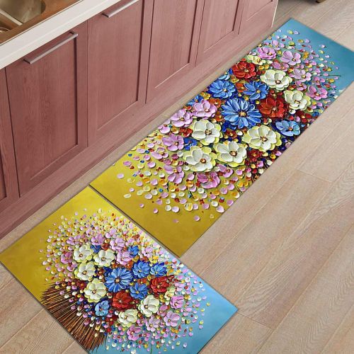  SODIKA Colorful Daisy Kitchen Floor Mat Set of 2, Non Slip Rugs Washable for Indoor Kitchen Bathroom,15.7x23.6+15.7x47.2