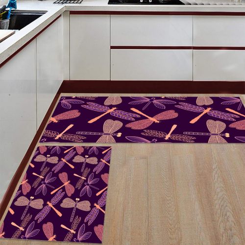  SODIKA Kitchen Rugs Set of 2 Non-Slip Kitchen Floor Mat Bath Rug Machine Washable Doormat Area Runner Rug Set,Purple Dragonfly, 15.7X23.6+15.7X47.2