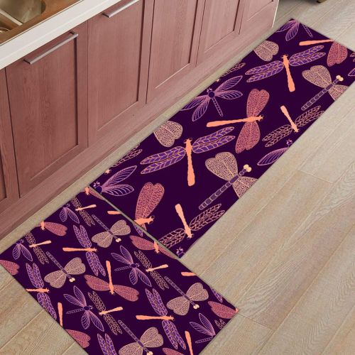  SODIKA Kitchen Rugs Set of 2 Non-Slip Kitchen Floor Mat Bath Rug Machine Washable Doormat Area Runner Rug Set,Purple Dragonfly, 15.7X23.6+15.7X47.2