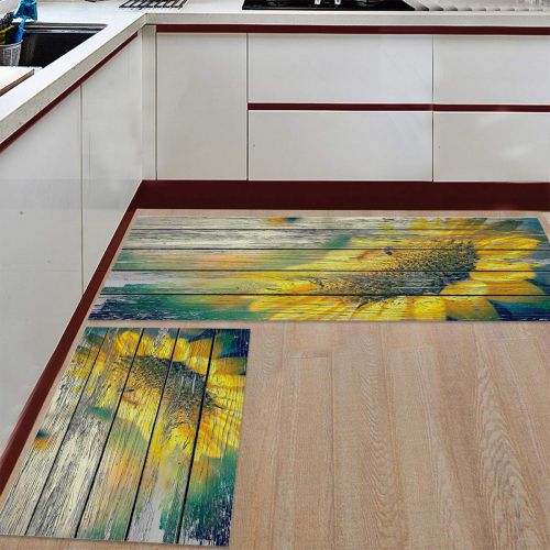  SODIKA Kitchen Rug Set, 2 Pieces Non-Skid Kitchen Mats and Rugs Set Doormat Runner Rug Sets, Sunflower Paints on Strip Old Wooden Board 19.7x31.5+19.7x47.2