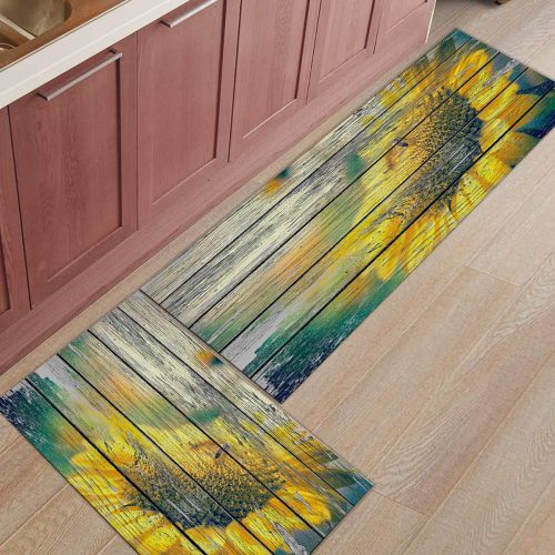  SODIKA Kitchen Rug Set, 2 Pieces Non-Skid Kitchen Mats and Rugs Set Doormat Runner Rug Sets, Sunflower Paints on Strip Old Wooden Board 19.7x31.5+19.7x47.2