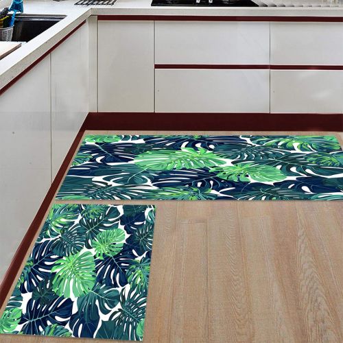  SODIKA Kitchen Rugs Set of 2 Non-Slip Kitchen Floor Mat Bath Rug Machine Washable Doormat Area Runner Rug Set,Tropical Leaves, 15.7X23.6+15.7X47.2