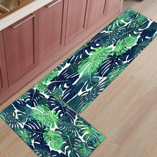  SODIKA Kitchen Rugs Set of 2 Non-Slip Kitchen Floor Mat Bath Rug Machine Washable Doormat Area Runner Rug Set,Tropical Leaves, 15.7X23.6+15.7X47.2