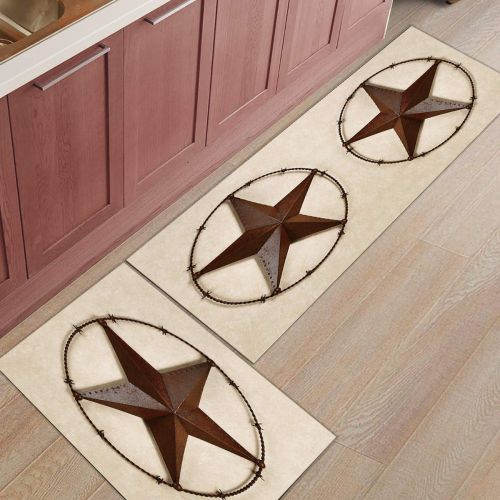  SODIKA Kitchen Rug Set, 2 Pieces Non-Skid Kitchen Mats and Rugs Set Doormat Runner Rug Sets, Western Texas Star 15.7x23.6+15.7x47.2