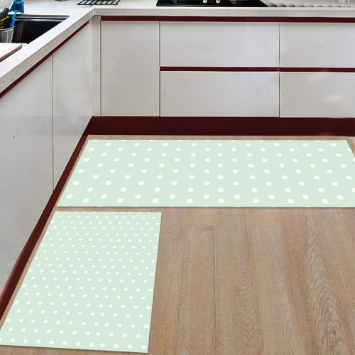  SODIKA Kitchen Rug Set, 2 Pieces Non-Skid Kitchen Mats and Rugs Set Doormat Runner Rug Sets, Green Polka Dot 15.7x23.6+15.7x47.2