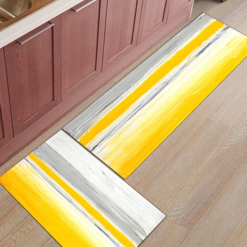  SODIKA Kitchen Rugs Set of 2 Non-Slip Kitchen Floor Mat Bath Rug Machine Washable Doormat Area Runner Rug Set,Yellow Abstraction, 15.7X23.6+15.7X47.2