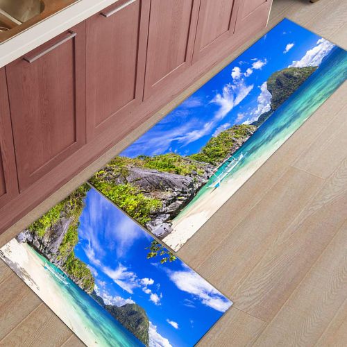  SODIKA Kitchen Rugs Set of 2 Non-Slip Kitchen Floor Mat Bath Rug Machine Washable Doormat Area Runner Rug Set,Tropical Islands, 15.7X23.6+15.7X47.2