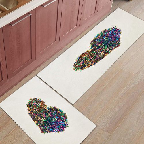  SODIKA Colorful Heart Kitchen Floor Mat Set of 2, Non Slip Rugs Washable for Indoor Kitchen Bathroom,15.7x23.6+15.7x47.2