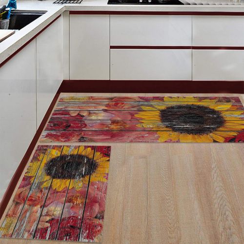  SODIKA Kitchen Rug Set, 2 Pieces Non-Skid Kitchen Mats and Rugs Set Doormat Runner Rug Sets, Sunflower Paints on Strip Old Wooden Board 15.7x23.6+15.7x47.2