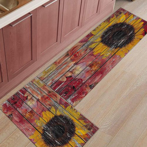  SODIKA Kitchen Rug Set, 2 Pieces Non-Skid Kitchen Mats and Rugs Set Doormat Runner Rug Sets, Sunflower Paints on Strip Old Wooden Board 15.7x23.6+15.7x47.2