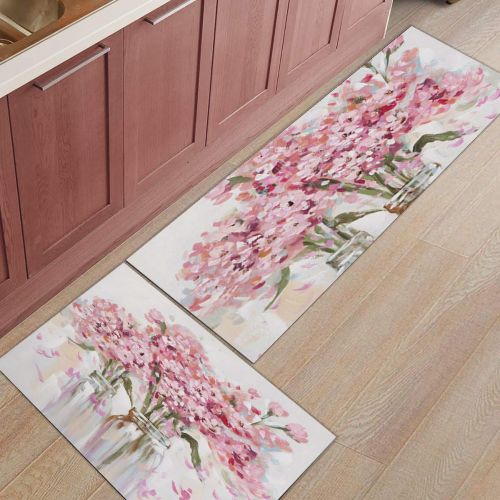  SODIKA Kitchen Rugs Set of 2 Non-Slip Kitchen Floor Mat Bath Rug Machine Washable Doormat Area Runner Rug Set,Pink Broken Flowers, 15.7X23.6+15.7X47.2