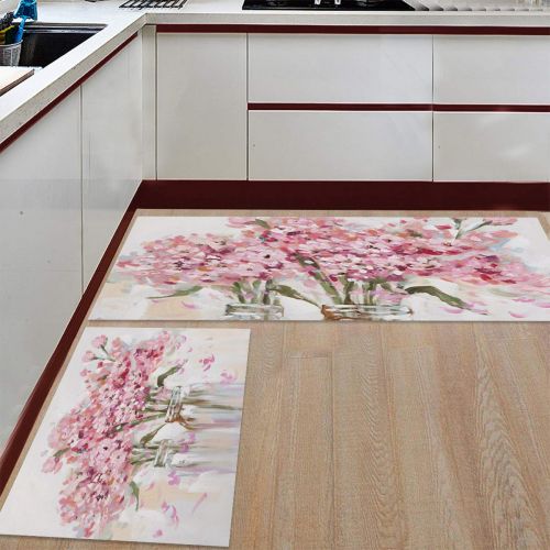  SODIKA Kitchen Rugs Set of 2 Non-Slip Kitchen Floor Mat Bath Rug Machine Washable Doormat Area Runner Rug Set,Pink Broken Flowers, 15.7X23.6+15.7X47.2