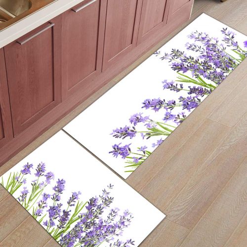  SODIKA Purple Lavender Kitchen Floor Mat Set of 2, Non Slip Rugs Washable for Indoor Kitchen Bathroom,19.7x31.5+19.7x63