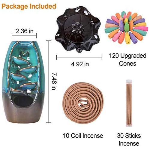  SOLEJAZZ Backflow Incense Burner Waterfall Incense Holder Ceramic with 120 Backflow Incense Cones + 30 Incense Stick for Home Office Yoga Aromatcherapy Ornamen