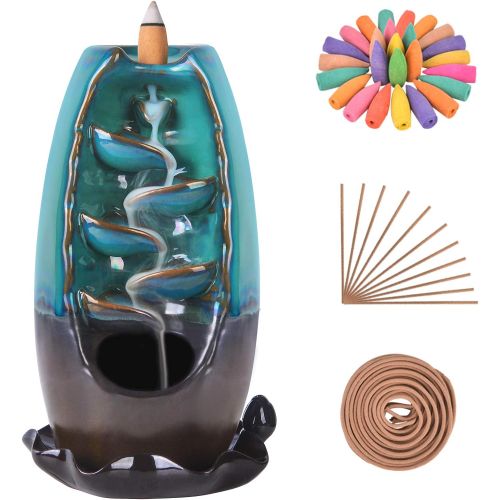  SOLEJAZZ Backflow Incense Burner Waterfall Incense Holder Ceramic with 120 Backflow Incense Cones + 30 Incense Stick for Home Office Yoga Aromatcherapy Ornamen