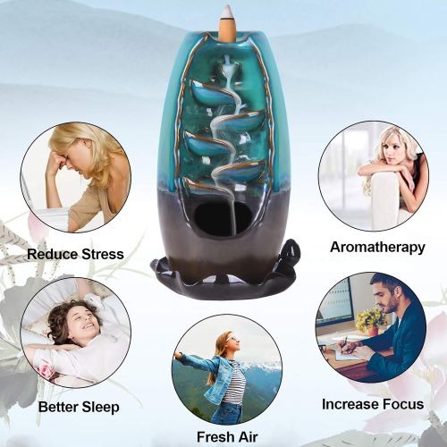  SOLEJAZZ Backflow Incense Burner Waterfall Incense Holder Ceramic with 120 Backflow Incense Cones + 30 Incense Stick for Home Office Yoga Aromatcherapy Ornamen