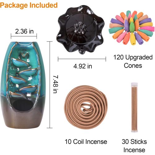  SOLEJAZZ Backflow Incense Burner Waterfall Incense Holder Ceramic with 120 Backflow Incense Cones + 30 Incense Stick for Home Office Yoga Aromatcherapy Ornamen