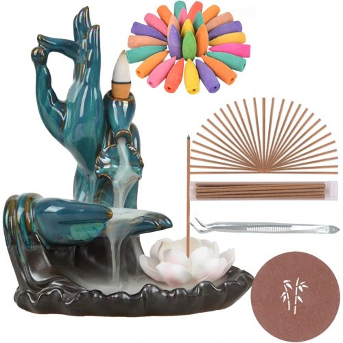  인센스스틱 SOLEJAZZ Lotus-Waterfall-Incense-Burner Backflow Ceramic Incense Holder with 120 Incense Cones + 30 Incense Sticks for Home Decor Yoga Craftwork Figurine, Brown