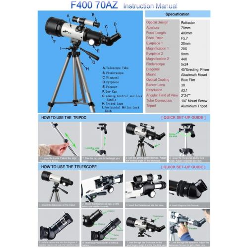  SOLOMARK Telescope for Kids 70mm Apeture Travel Scope 400mm AZ Mount - Good Partner to View Moon and Planet - Good Travel Telescope with Backpack for Kids and Beginners