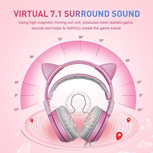  SOMIC G951pink Gaming Headset for PC, PS4, Laptop: 7.1 Virtual Surround Sound Detachable Cat Ear Headphones LED, USB, Lightweight Self-Adjusting Over Ear Headphones for Girlfriend