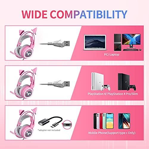  SOMIC G951pink Gaming Headset for PC, PS4, Laptop: 7.1 Virtual Surround Sound Detachable Cat Ear Headphones LED, USB, Lightweight Self-Adjusting Over Ear Headphones for Girlfriend