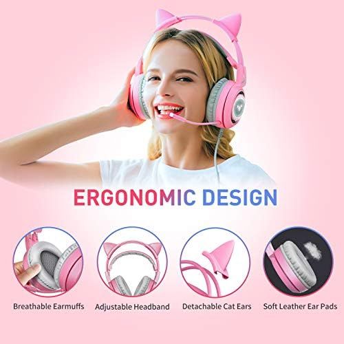  SOMIC G951pink Gaming Headset for PC, PS4, Laptop: 7.1 Virtual Surround Sound Detachable Cat Ear Headphones LED, USB, Lightweight Self-Adjusting Over Ear Headphones for Girlfriend