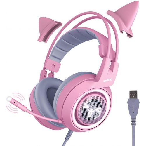  SOMIC G951pink Gaming Headset for PC, PS4, Laptop: 7.1 Virtual Surround Sound Detachable Cat Ear Headphones LED, USB, Lightweight Self-Adjusting Over Ear Headphones for Girlfriend