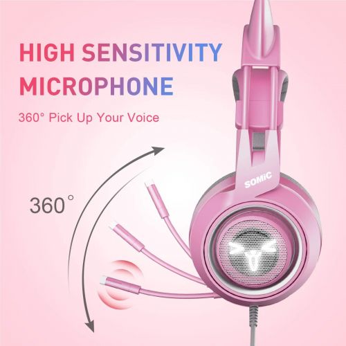  SOMIC G951pink Gaming Headset for PC, PS4, Laptop: 7.1 Virtual Surround Sound Detachable Cat Ear Headphones LED, USB, Lightweight Self-Adjusting Over Ear Headphones for Girlfriend