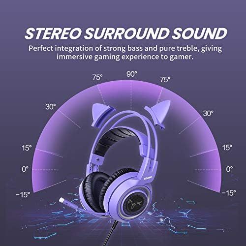  SOMIC G951S Purple Stereo Gaming Headset with Mic for PS4, PS5, Xbox One, PC, Phone, Detachable Cat Ear 3.5MM Noise Reduction Headphones Computer Gaming Headphone Self-Adjusting Ga