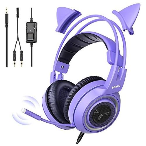  SOMIC G951S Purple Stereo Gaming Headset with Mic for PS4, PS5, Xbox One, PC, Phone, Detachable Cat Ear 3.5MM Noise Reduction Headphones Computer Gaming Headphone Self-Adjusting Ga