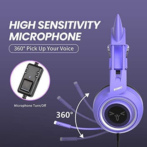  SOMIC G951S Purple Stereo Gaming Headset with Mic for PS4, PS5, Xbox One, PC, Phone, Detachable Cat Ear 3.5MM Noise Reduction Headphones Computer Gaming Headphone Self-Adjusting Ga