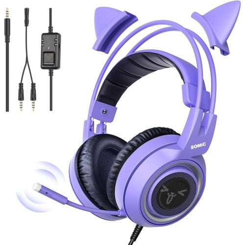  SOMIC G951S Purple Stereo Gaming Headset with Mic for PS4, PS5, Xbox One, PC, Phone, Detachable Cat Ear 3.5MM Noise Reduction Headphones Computer Gaming Headphone Self-Adjusting Ga