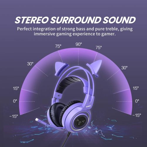  SOMIC G951S Purple Stereo Gaming Headset with Mic for PS4, PS5, Xbox One, PC, Phone, Detachable Cat Ear 3.5MM Noise Reduction Headphones Computer Gaming Headphone Self-Adjusting Ga