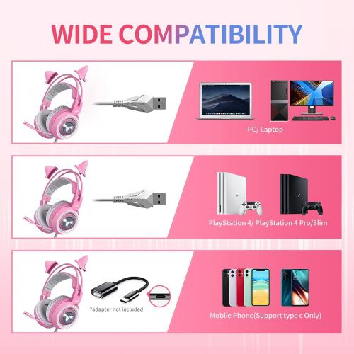  SOMIC G951pink Gaming Headset for PC, PS4, Laptop: 7.1 Virtual Surround Sound Detachable Cat Ear Headphones LED, USB, Lightweight Self-Adjusting Over Ear Headphones for Girlfriend