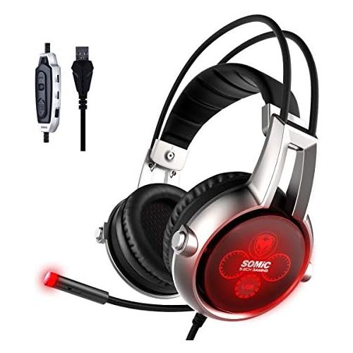  SOMIC E95X Realistic 5.2 Surround Sound USB Gaming Headset Lightweight Over Ear Headphone with Mic,Volume Control,LED(Black)