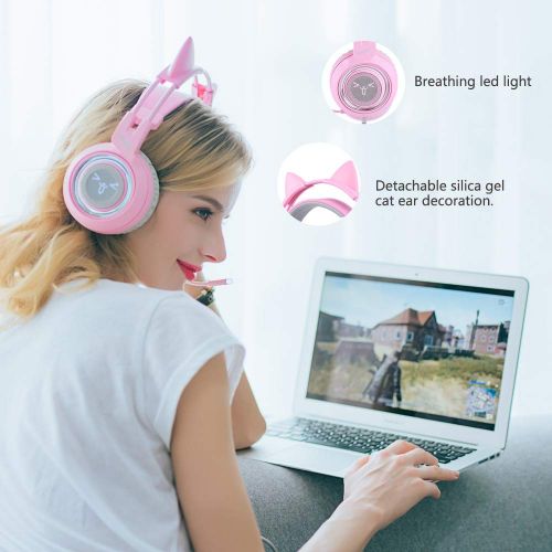  SOMIC G951pink Gaming Headset for PC, PS4, Laptop: 7.1 Virtual Surround Sound Detachable Cat Ear Headphones LED, USB, Lightweight Self-Adjusting Over Ear Headphones for Girlfriend