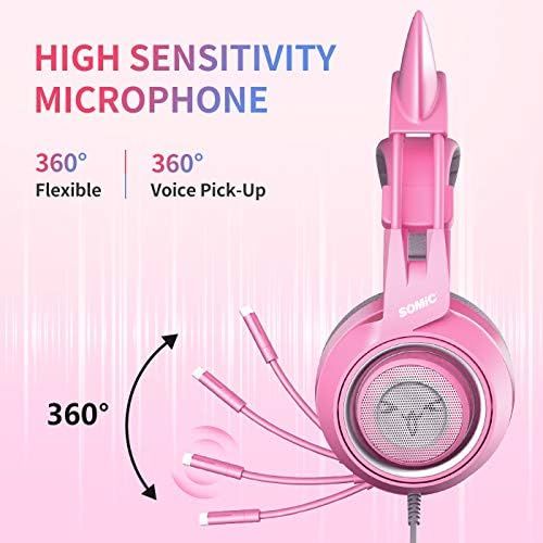  [아마존베스트]SOMiC G951S Pink Gaming Headset with Microphone, for Girls and Women, Pink Cat Ear Headphones with 3.5mm Cable for the Xbox One, Nintendo Switch, PS4, iPhone, iPad