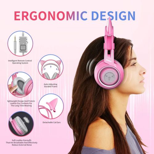  [아마존베스트]SOMiC G951S Pink Gaming Headset with Microphone, for Girls and Women, Pink Cat Ear Headphones with 3.5mm Cable for the Xbox One, Nintendo Switch, PS4, iPhone, iPad