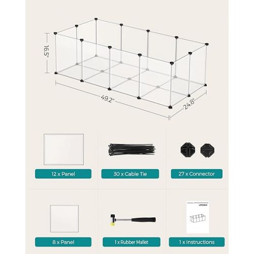  SONGMICS Pet Playpen with Floor, Small Animal Pen, Pet Fence Indoor, DIY Plastic Enclosure for Hamsters, Hedgehogs, 49.2 x 24.8 x 16.5 Inches, White ULPC001W01