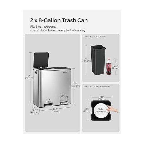  SONGMICS Trash Can, 2 x 8-Gallon Garbage Can for Kitchen, with 15 Trash Bags, 2 Compartments, Plastic Inner Buckets and Hinged Lids, Airtight, Silver and Black ULTB60NL
