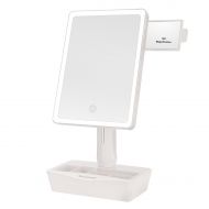 SONGMICS Large LED Lighted Makeup Mirror with Small 10x Magnification Vanity Mirror, Auto Off Dimmable Light and Dual Power, Adjustable Stand with Cosmetic Organizer White UBBM10W