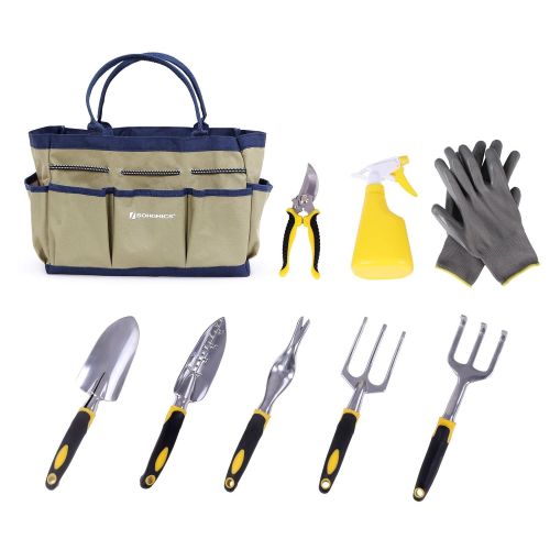  SONGMICS 9 Piece Garden Tool Set Includes Garden Tote and 6 Hand Tools Heavy Duty Cast-aluminum Heads Ergonomic Handles UGGB31L