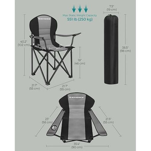  SONGMICS Folding Camping Chair, Supports 551 lb, with Comfortable Sponge Seat, Heavy Duty Structure, Cup Holder, Outdoor Picnic Chair