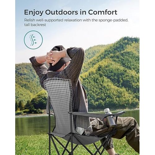  SONGMICS Folding Camping Chair, Supports 551 lb, with Comfortable Sponge Seat, Heavy Duty Structure, Cup Holder, Outdoor Picnic Chair